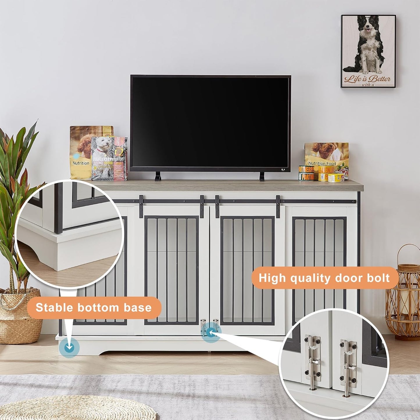 XXL Wooden Dog Crate Furniture with Sliding Barn Door, 60.6" Indoor Kennel with Divider, Modern TV Stand for Large Dog or 2 Medium Dogs (Grey)