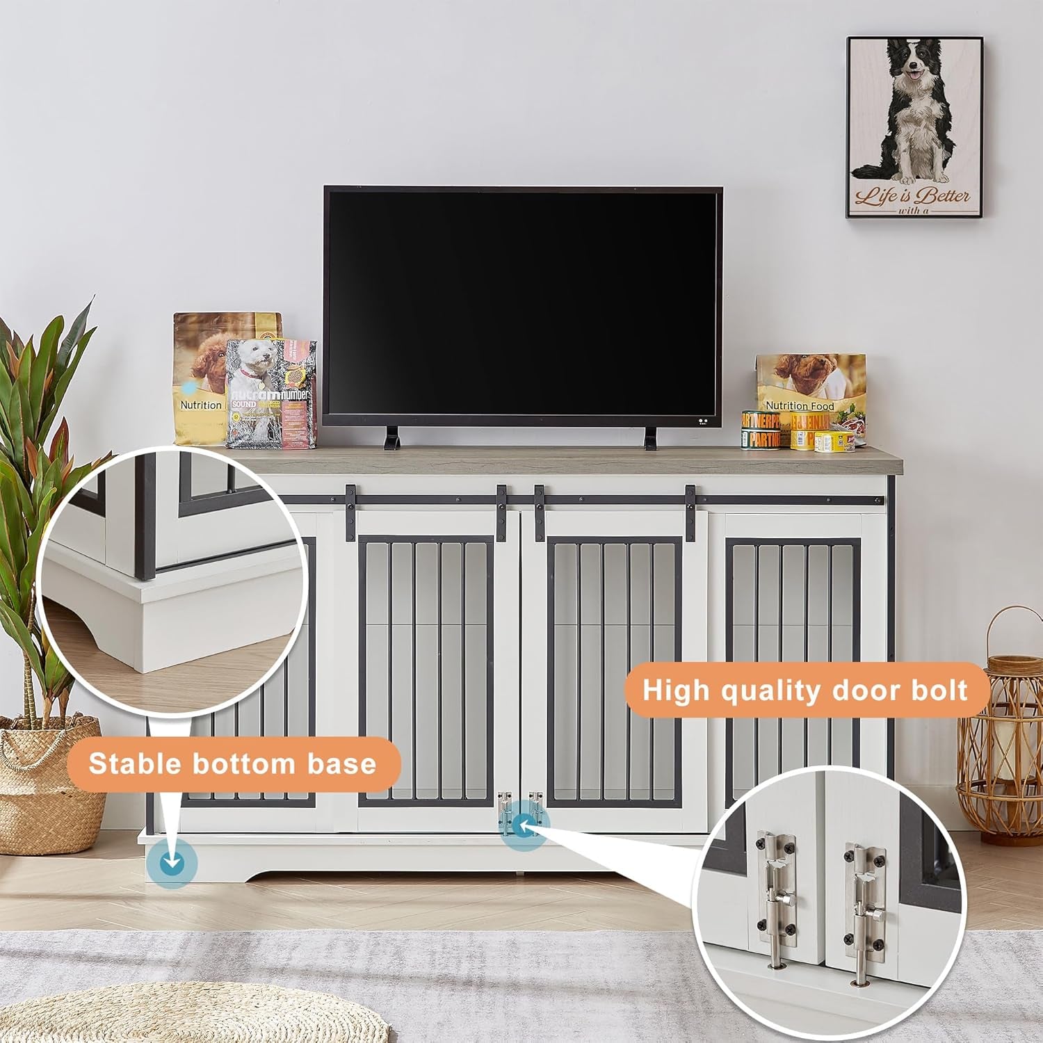 XXL Wooden Dog Crate Furniture with Sliding Barn Door, 60.6" Indoor Kennel with Divider, Modern TV Stand for Large Dog or 2 Medium Dogs (Grey)