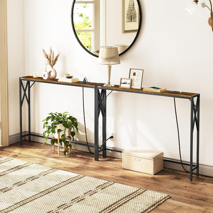 78.7'' Narrow Sofa Table with Charging Station, 2 Pack Skinny Console Table, Slim Entryway Hallway Couch Table, for Entrance, Foyer, Living Room, Hallway, Rustic Brown CTHR151E01S2