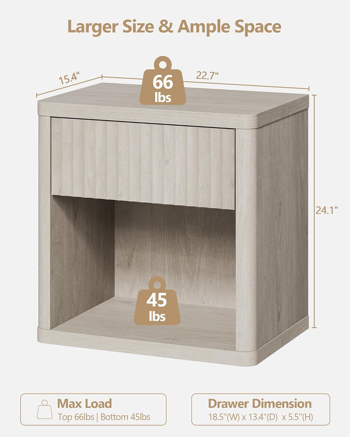Night Stand Set of 2 Nightstands with Drawer Storage Fluted Bed Side Table End Table Large Modern Wide Bedside Stand Mid Century Night Stands for Bedroom Living Room Sofa Office, White Alder