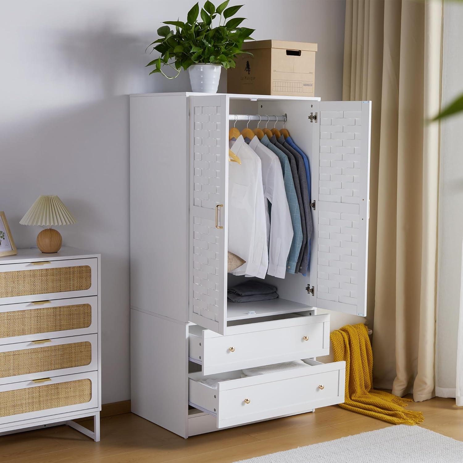 Armoire Wardrobe Closet with 2 Woven Doors, Wardrobe Cabinet with 2 Storage Drawers and Hanging Rail, Freestanding Wooden Closet for Bedroom (White)