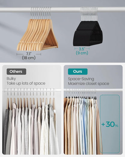 Velvet Hangers 50 Pack, Non-Slip Clothes Hangers, 17 X 8.3 Inches, Coat Hangers with Wide Shoulder Notches, Pants Bar, 360° Swivel Hook, Space-Saving, for Closet, Ink Black UCRF039B03
