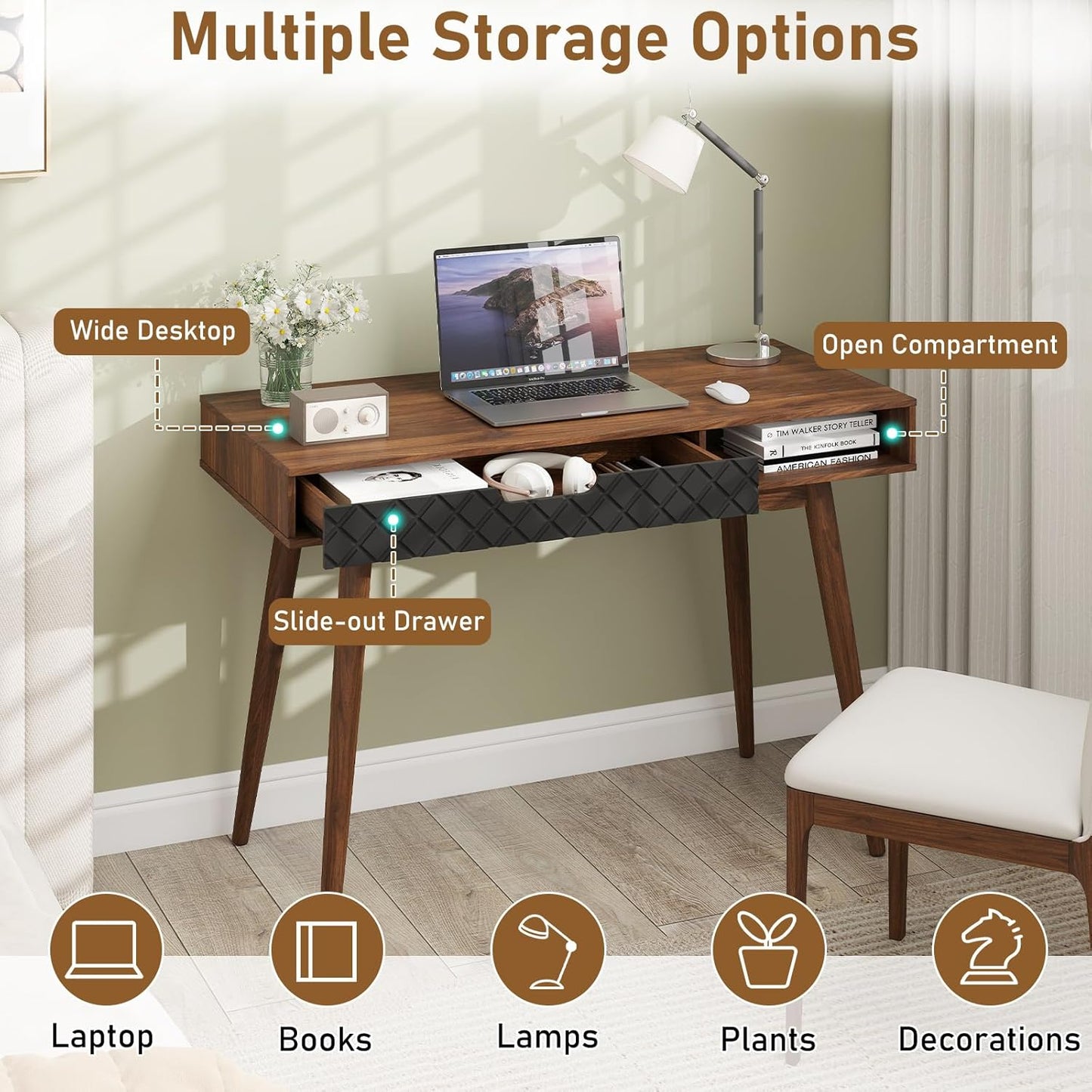 Mid-Century Modern Computer Desk, Home Office Desk W/Drawer & Open Compartment, Laptop PC Desk W/Rubber Wood Legs, Makeup Vanity Table, Vintage Writing Desk Workstation for Study, Bedroom