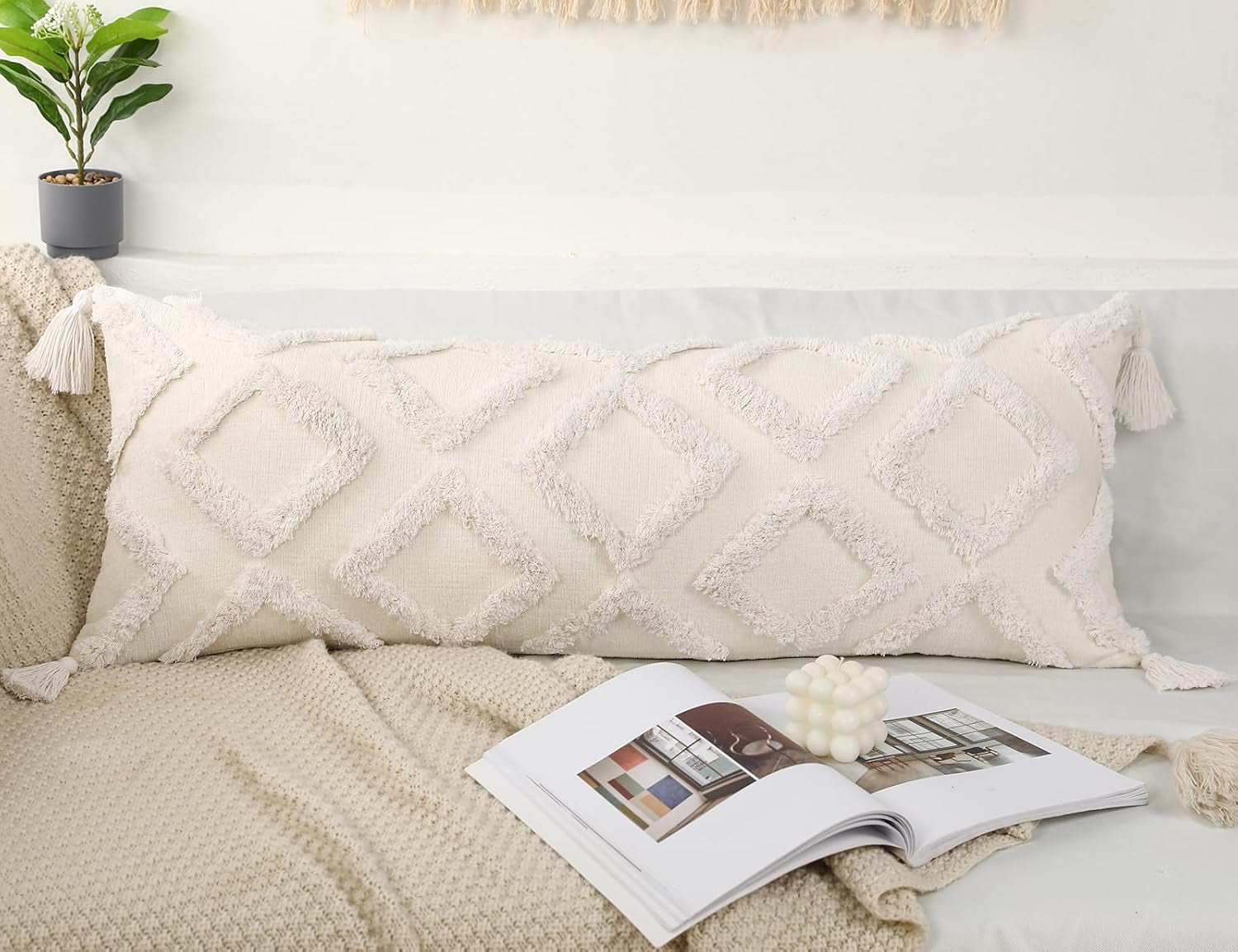 Decorative Long Lumbar Pillow Cover 14X36 Boho,Super Soft Chenille Extra Long Lumbar Pillow Case Cover with Tassel for Bed Sofa Couch Farmhouse Livingroom,White,Modern Skinny