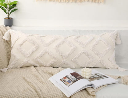 Decorative Long Lumbar Pillow Cover 14X36 Boho,Super Soft Chenille Extra Long Lumbar Pillow Case Cover with Tassel for Bed Sofa Couch Farmhouse Livingroom,White,Modern Skinny