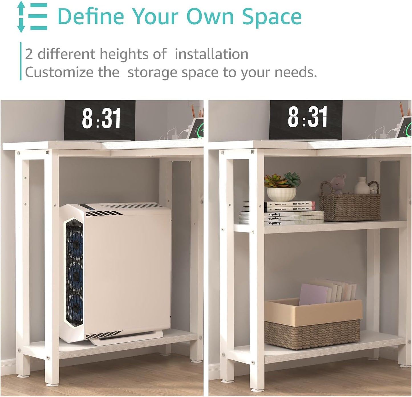 White L Shaped Computer Desk with Drawers & Storage Shelves, 47 Inch Corner Reversible Desk with Power Outlet for Home Office Bedroom, L-Shaped Teen PC Desks with Fabric Drawer, White