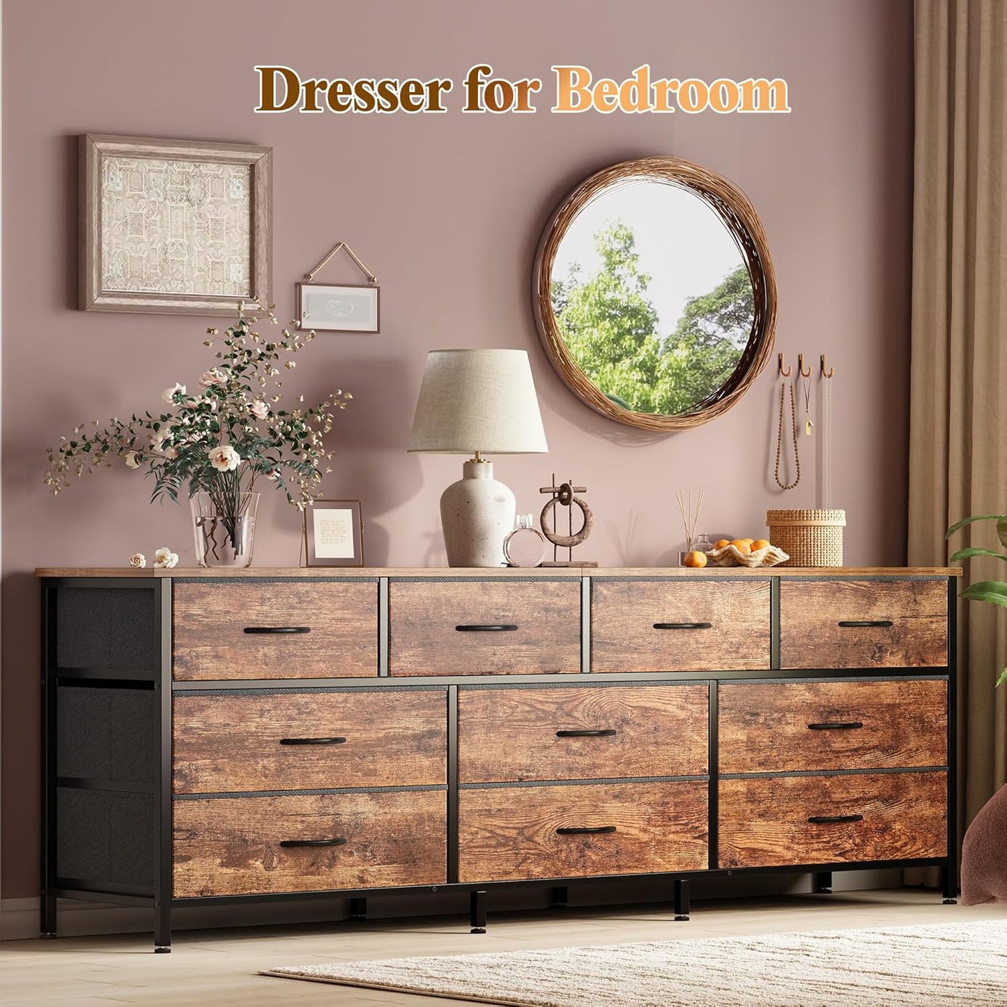63 Inch Dresser for Bedroom, Long Dresser with 10 Fabric Drawers, TV Stand for 55, 65, 70 Inch TV, Toy Storage Organizer for Closet, Rustic Brown