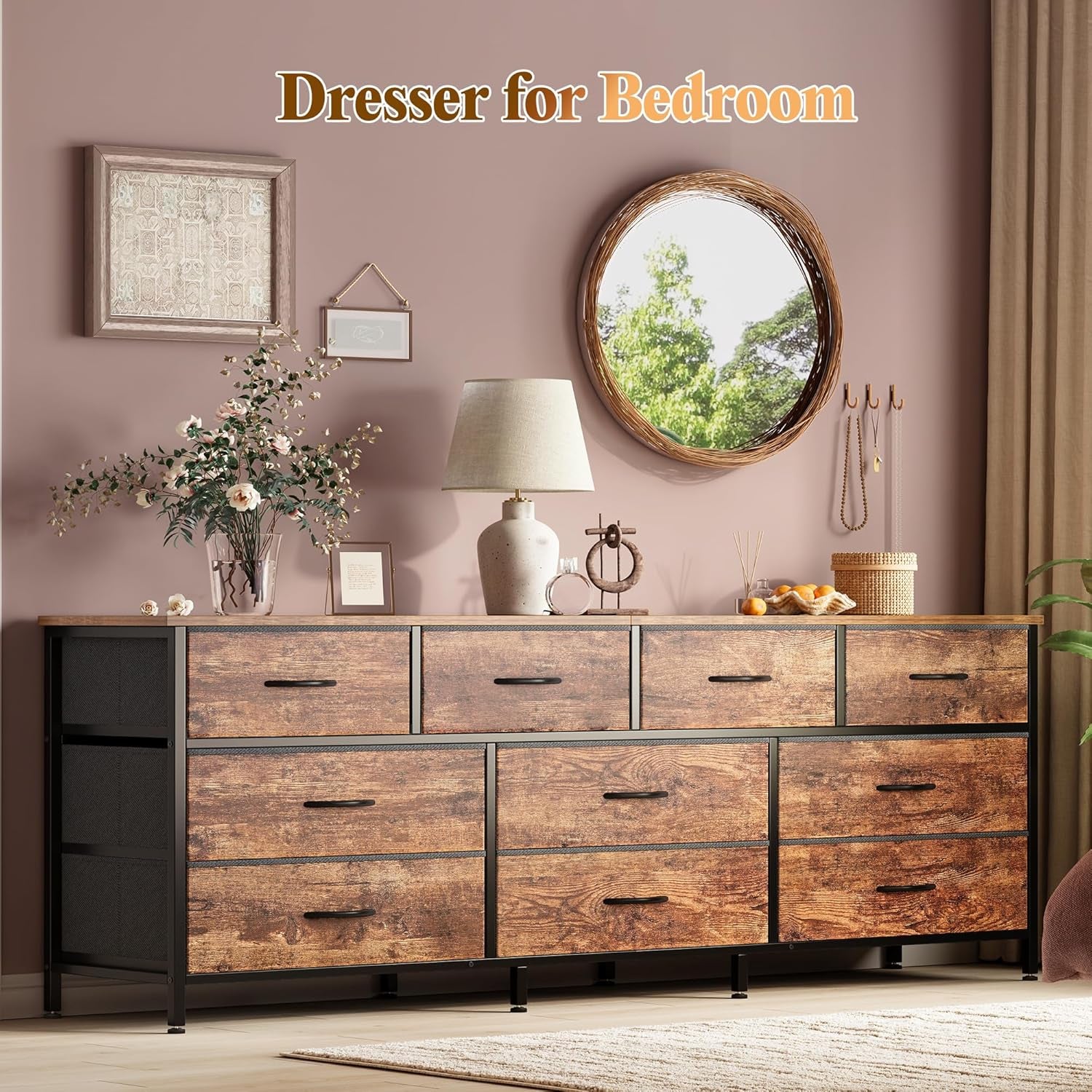 63 Inch Dresser for Bedroom, Long Dresser with 10 Fabric Drawers, TV Stand for 55, 65, 70 Inch TV, Toy Storage Organizer for Closet, Rustic Brown