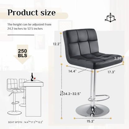 Bar Stools Set of 4, 24 Inch Counter Height Bar Stools, Upholstered Modern Kitchen Barstools with Metal Base, PU Leather Saddle Stools for Kitchen Island, Black