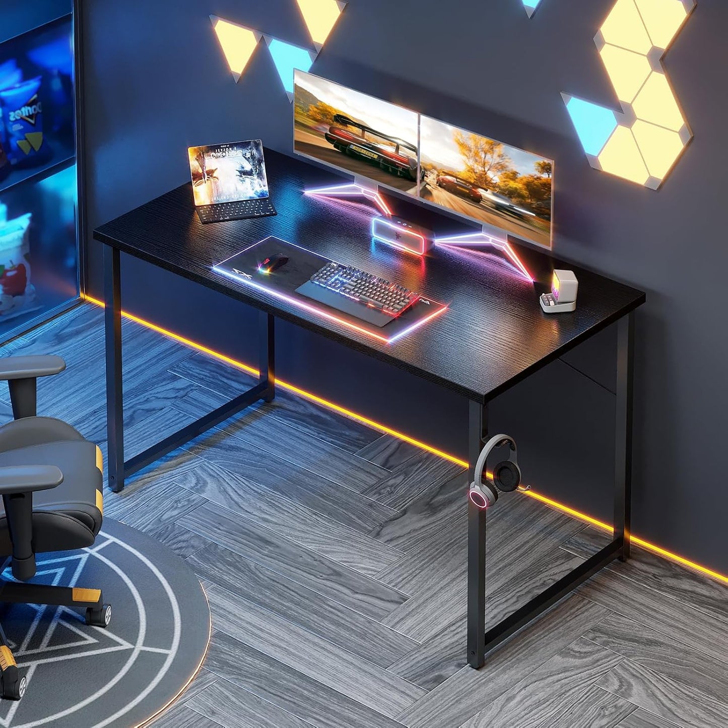 48 Inches Computer Desk for Small Spaces, Study Table for Home Office, Writing Desk with Headphone Hooks, Black