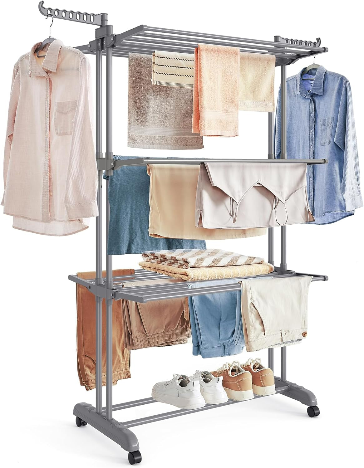 Clothes Drying Rack Stand 4-Tier, Foldable Laundry Drying Rack 68.1-Inch Tall, Stainless Steel, Rolling Clothes Horses Dryer Rack, Easy to Assemble, Indoor Outdoor Use, Cloud White ULLR701W03