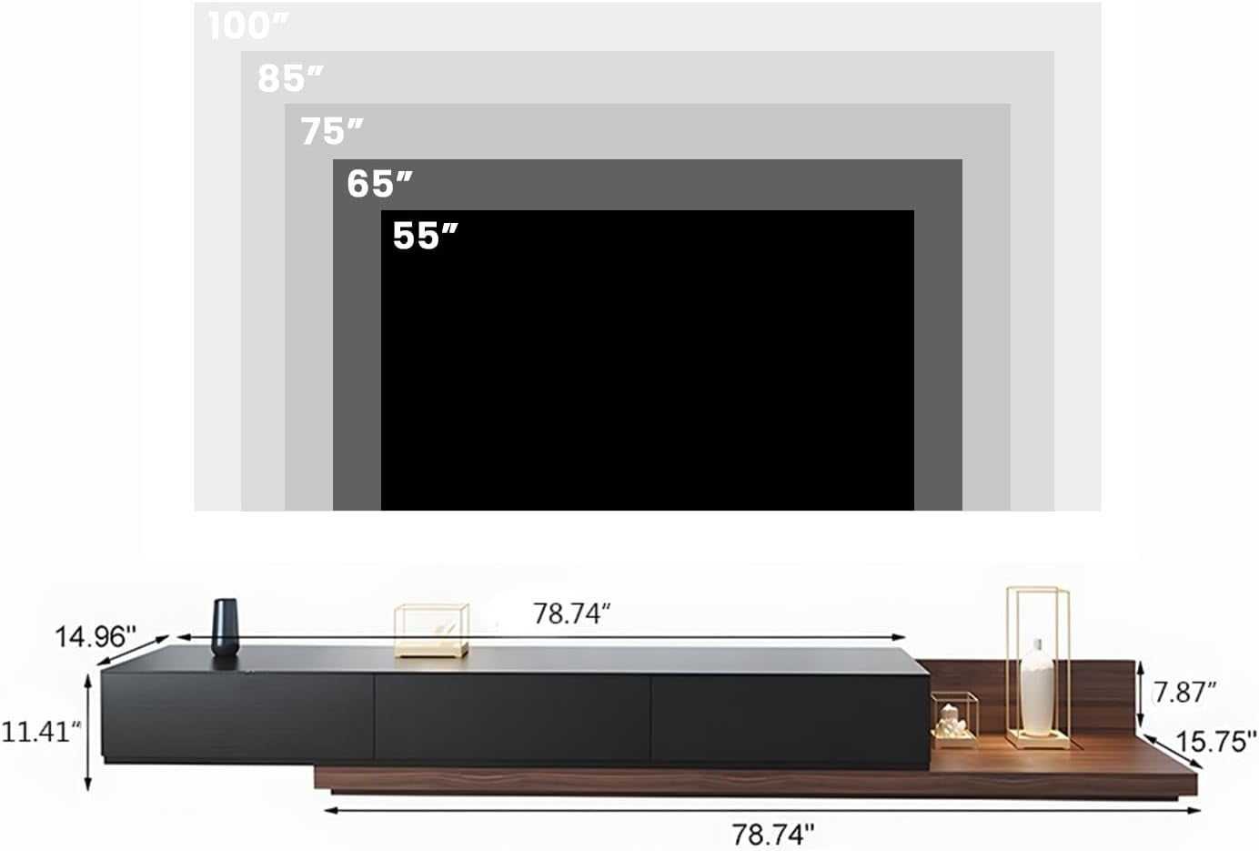 78"-156" Retractable TV Stand Partial Assemble Modern Entertainment Center with Storage Wood Media Console Extendable Low Reversible TV Stand with Drawers Walnut Mix Oak Black