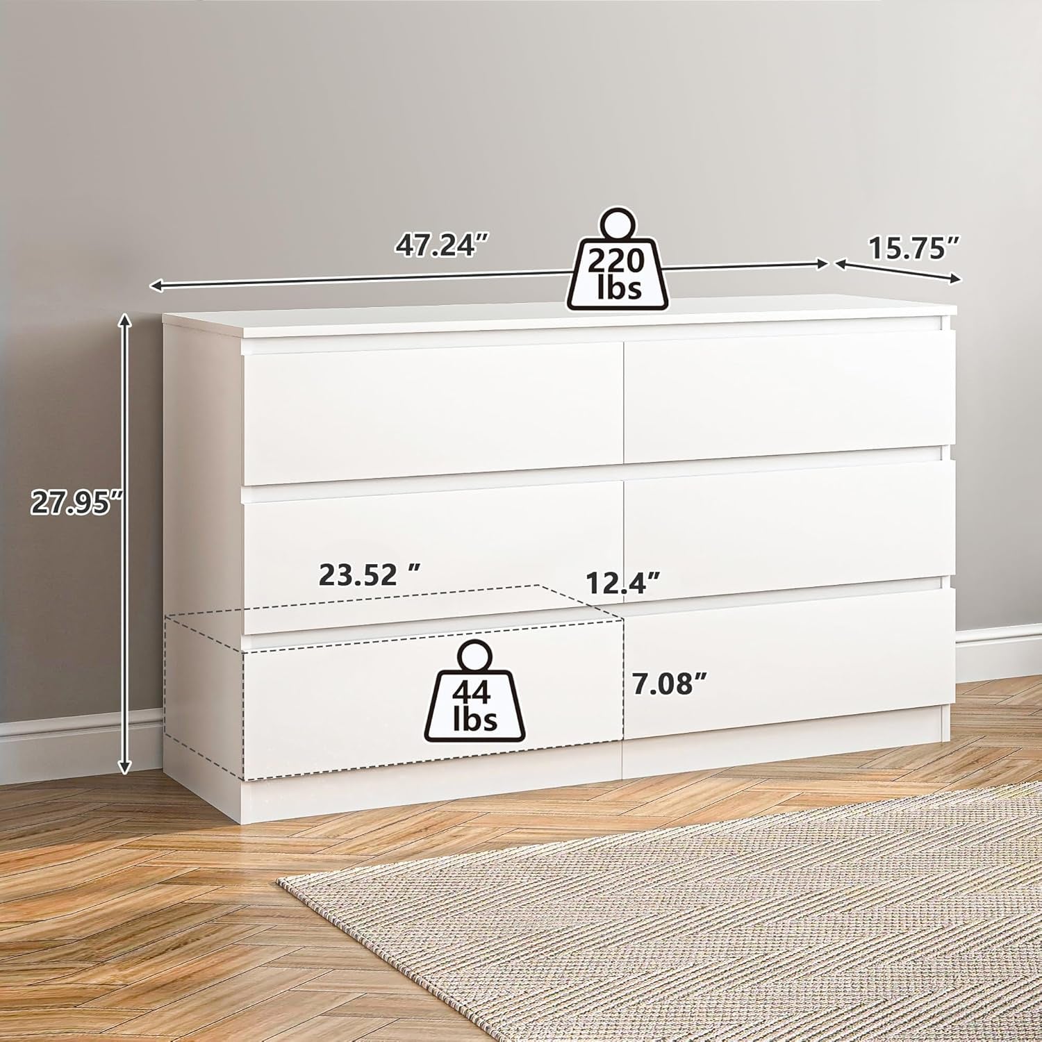 White Dresser 6 Drawer, Modern Double Dresser for Bedroom, Wood Chest of Drawers with Wide Storage for Living Room