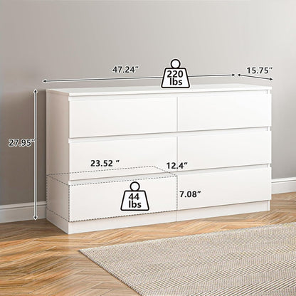 White Dresser 6 Drawer, Modern Double Dresser for Bedroom, Wood Chest of Drawers with Wide Storage for Living Room