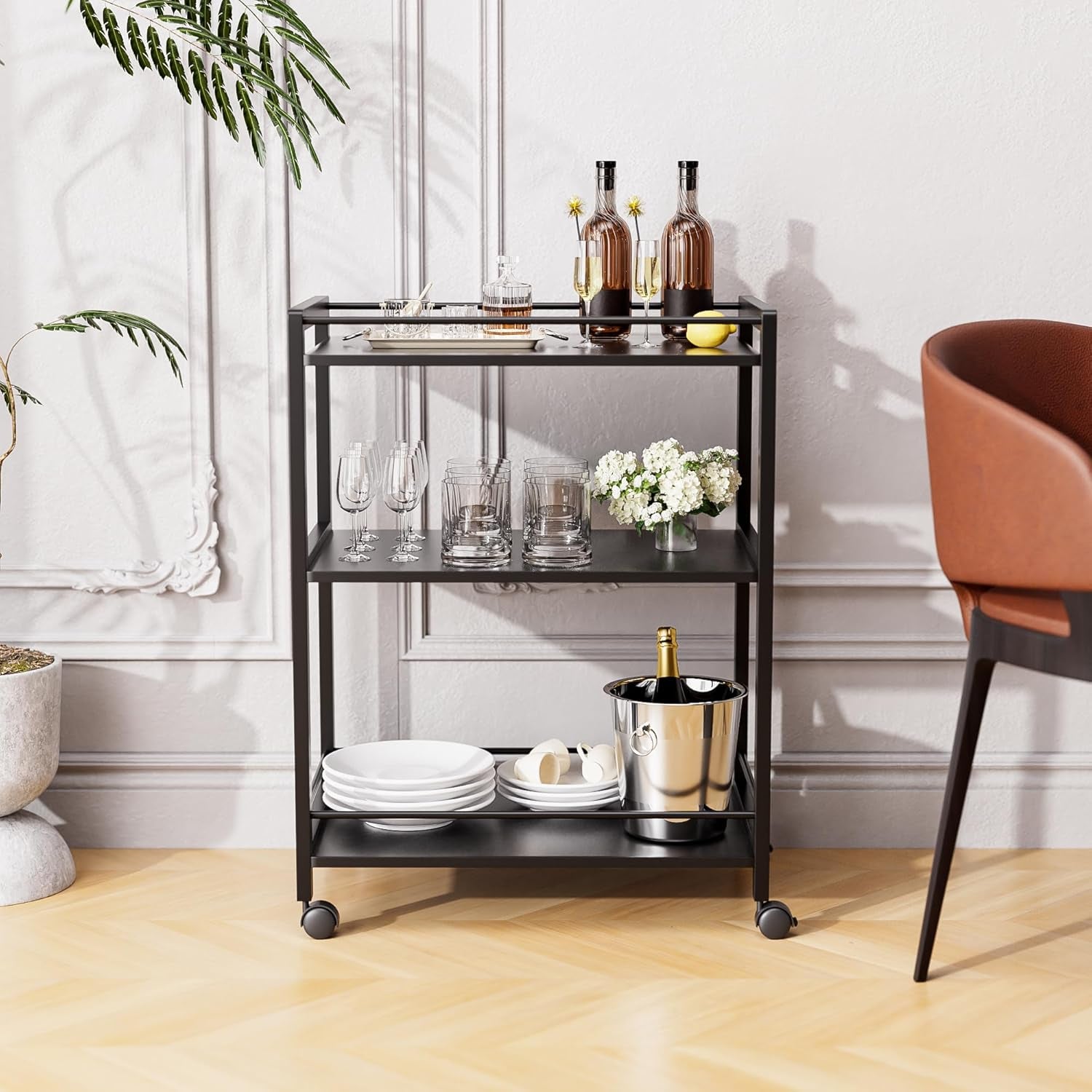 Bar Cart Black, Serving Cart for Home, 3 Tier Drinks Cart with Wheels, Rolling Beverage Cart for Kitchen Dining Living Room