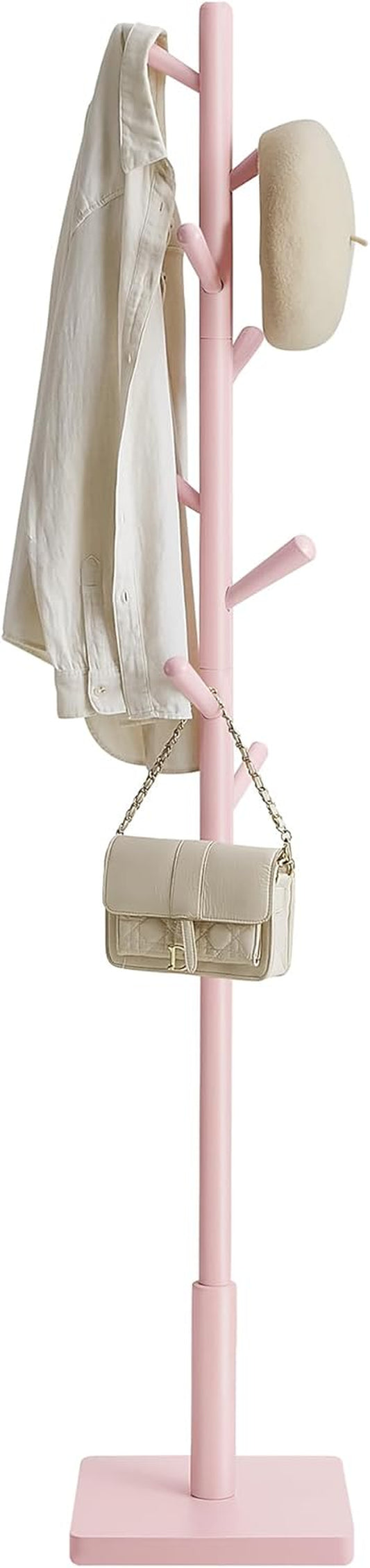 Solid Wood Coat Rack, Free Standing Hall Coat Tree with 8 Hooks, 3 Height Options, for Coats, Hats, Bags, Purses, for Entryway, Hallway, Rubberwood Hooks and Pole, Jelly Pink URCR010R01