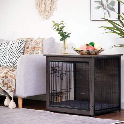 Dog Crate Furniture with Cushion, Wooden Kennel Table with Double Doors, Indoor Dog House, Medium Size, 32.5" L, Black+Gold