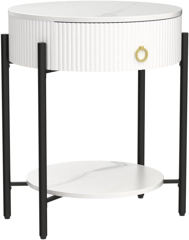 round End Table with Drawer, Modern 2 Tier Nightstand with Shelf, Small Side Table with Sintered Stone Tabletop for Living Room, Bedroom, Dorm, and Office, Marbling Natural Stone/White