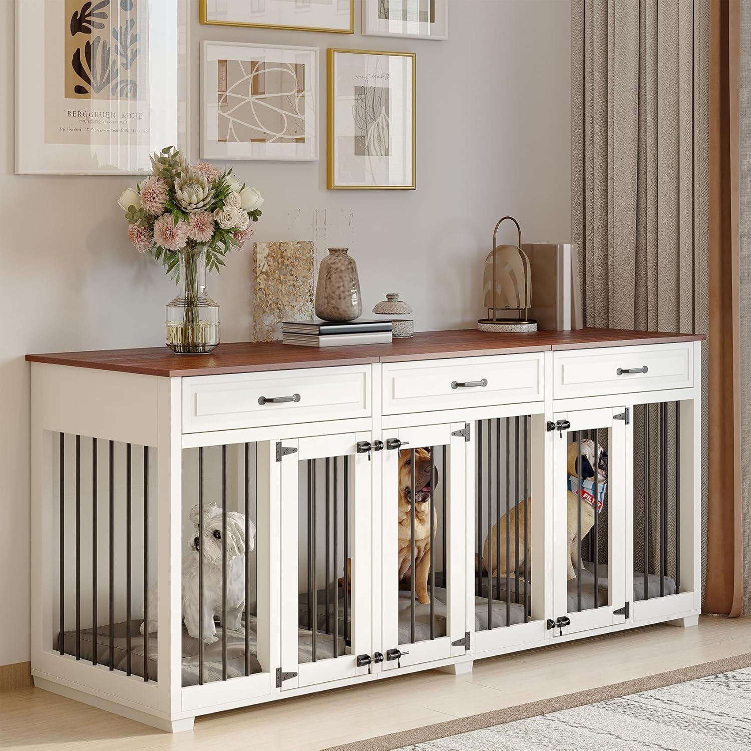 Dog Crate Furniture - Indoor Wooden Dog Kennel with 2 Dividers, 3 Drawers, and 3 Lockable Doors, 72"X23.6"X31.5"H, White
