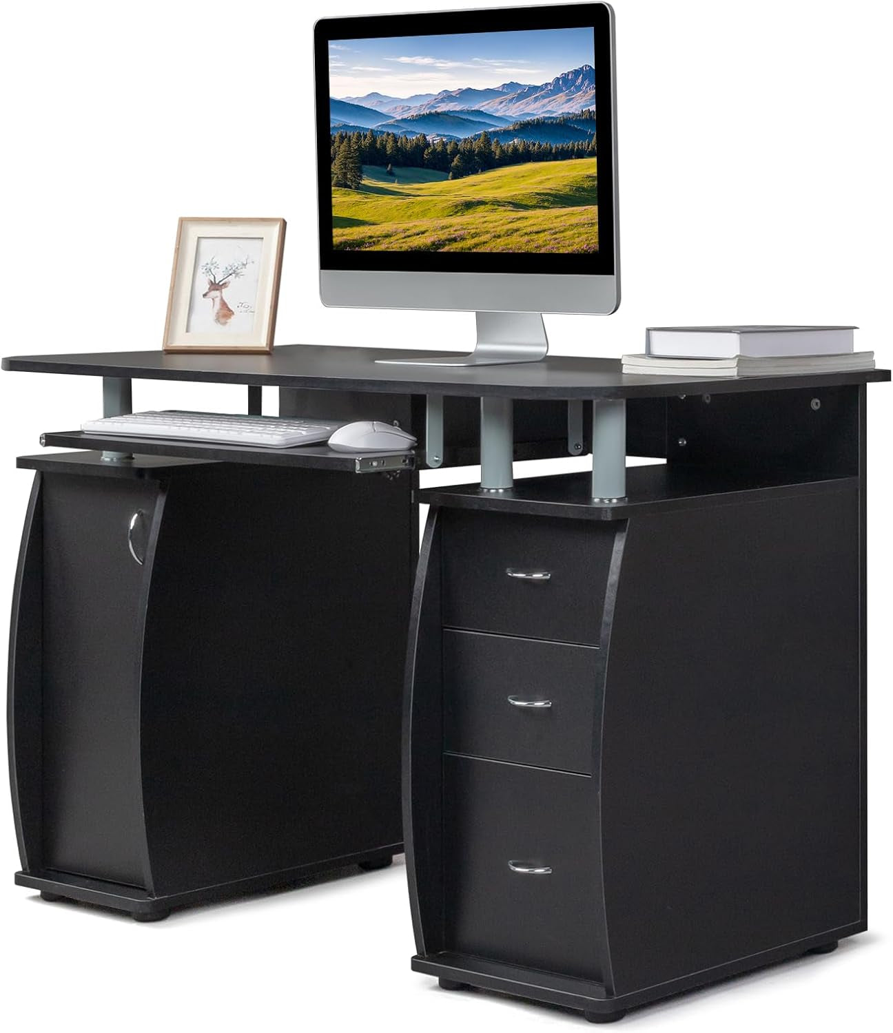 115 * 55 * 74Cm 15Mm MDF Computer Desk Black with 3Pcs Drawers and 1Pc Door Portable Home Office Writing Table for PC Laptop Study Workstation