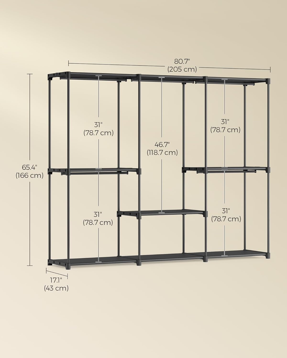 Portable Closet, Freestanding Closet Organizer, Clothes Rack with Shelves, Hanging Rods, Storage Organizer, for Cloakroom, Bedroom, 80.7 X 17.1 X 65.4 Inches, Black URYG035B01