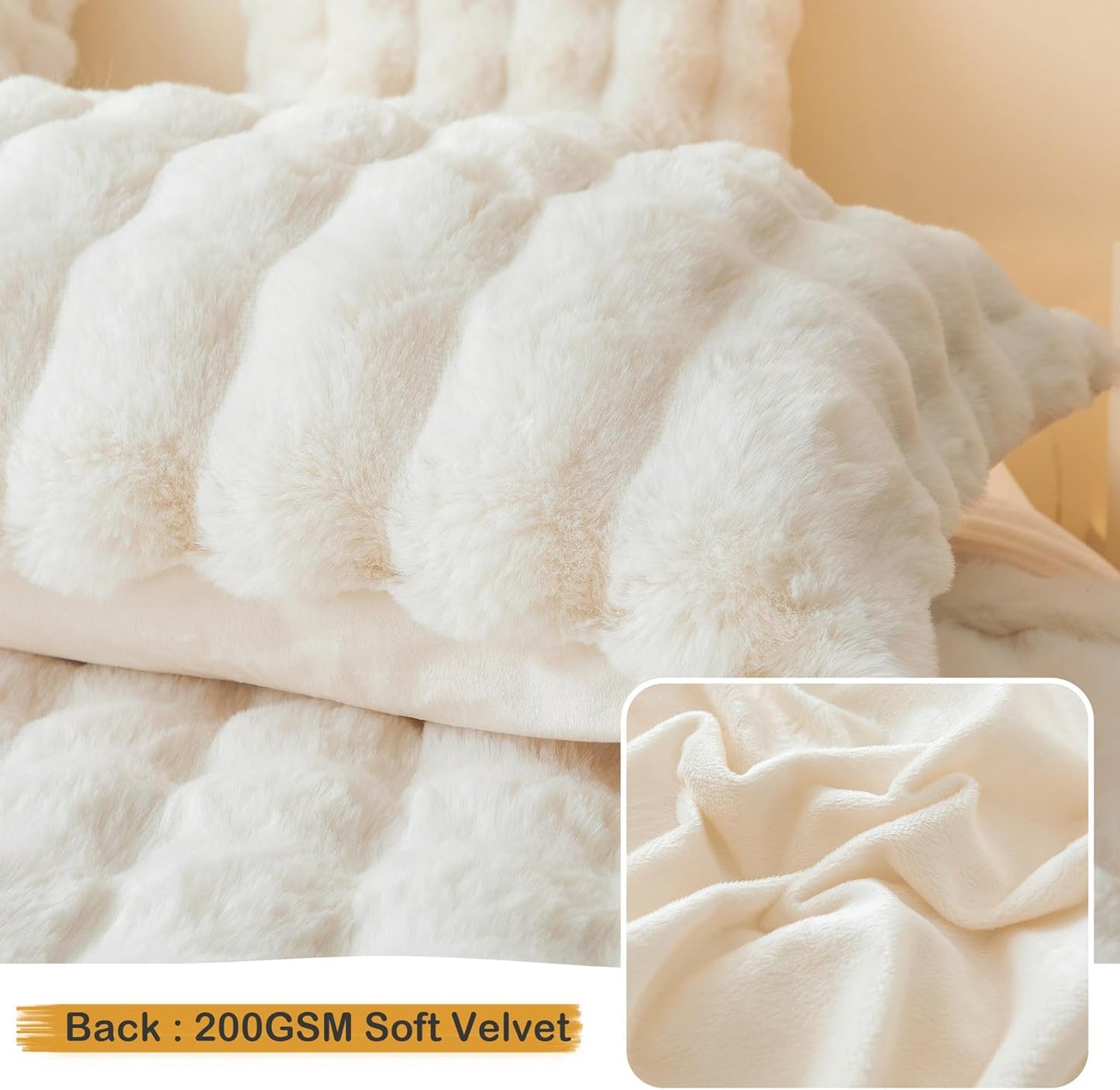 2 Pack Fluffy Faux Rabbit Fur Pillow Cases, Luxury Soft Plush Shaggy Bubble Waffle Pillowcases King Size Zipper Closure, Furry Fuzzy Ivory Long Pillow Shams Bedroom Living Room 20X36, Beige