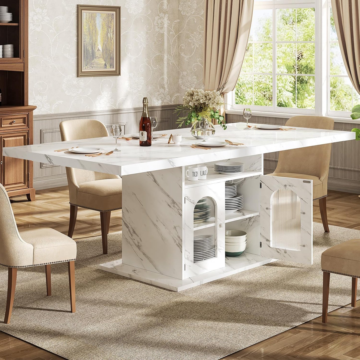 Dining Table for 4–6, 63" Modern Kitchen Dining Room Table with Storage Shelves & Acrylic Door Cabinet,Wood Rectangle Dinner Table with Faux Marble Top for Home Apartment, White Faux Marble