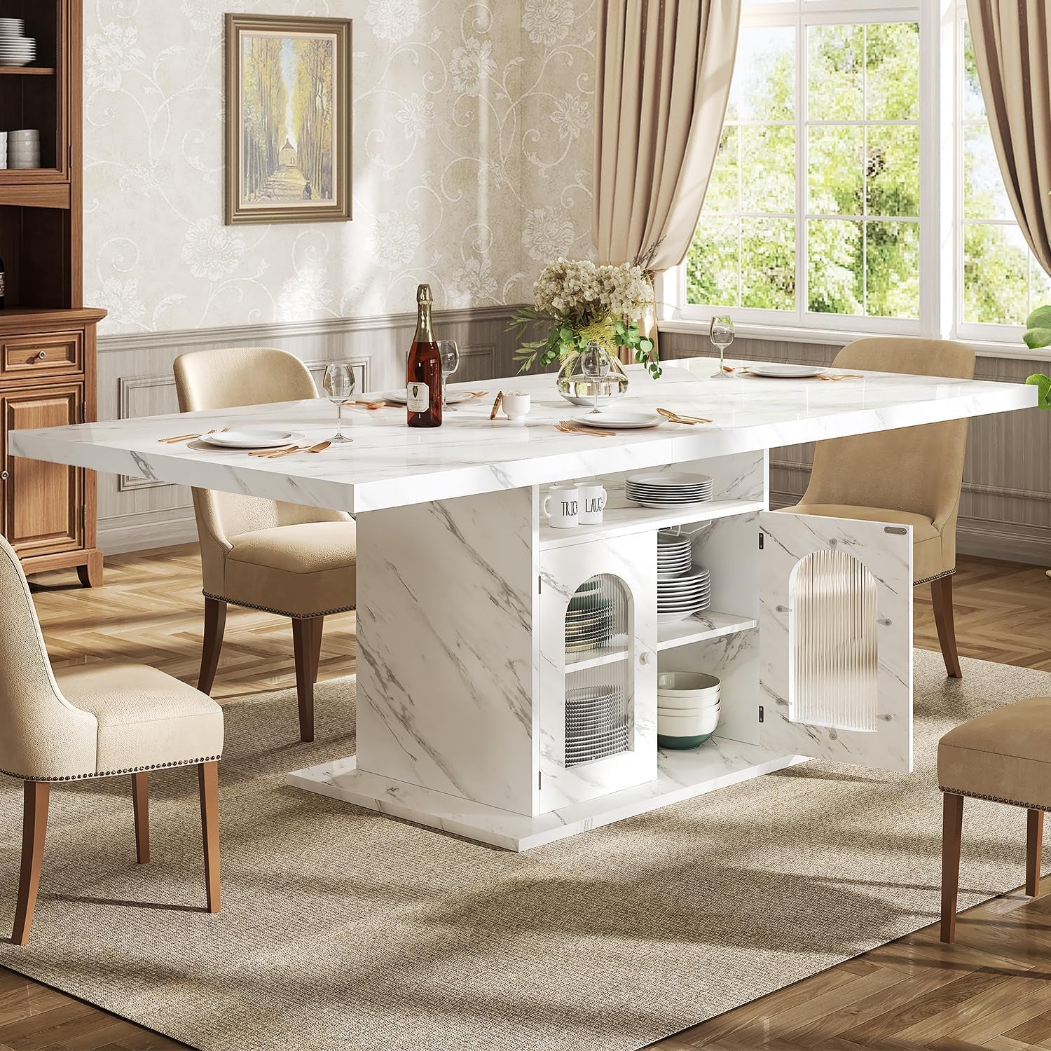 Dining Table for 4–6, 63" Modern Kitchen Dining Room Table with Storage Shelves & Acrylic Door Cabinet,Wood Rectangle Dinner Table with Faux Marble Top for Home Apartment, White Faux Marble