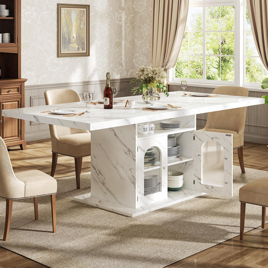 Dining Table for 4–6, 63" Modern Kitchen Dining Room Table with Storage Shelves & Acrylic Door Cabinet,Wood Rectangle Dinner Table with Faux Marble Top for Home Apartment, White Faux Marble