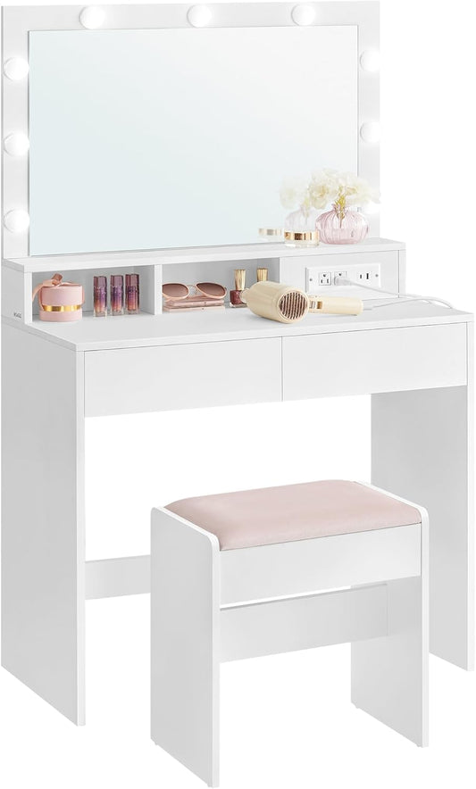 Vanity Desk with Power Outlets, Makeup Vanity with Mirror and Lights, with Upholstered Vanity Stool, 9 Dimmable LED Lights, 2 Compartments, 2 Drawers, for Bedroom, Cloud White URDT029W01