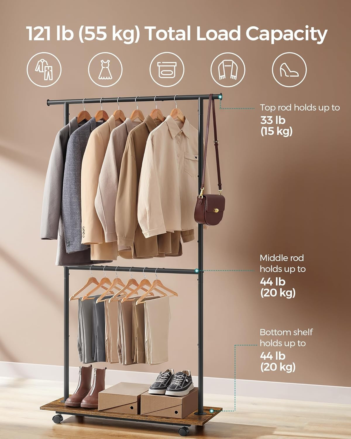 Clothes Rack with Wheels, Middle Rod Clothing Rack for Hanging Clothes, 38.8 Inches Garment Rack with Shelf, Height Adjustable, Loads up to 121 Lb, Rustic Brown and Ink Black UHSR153B01
