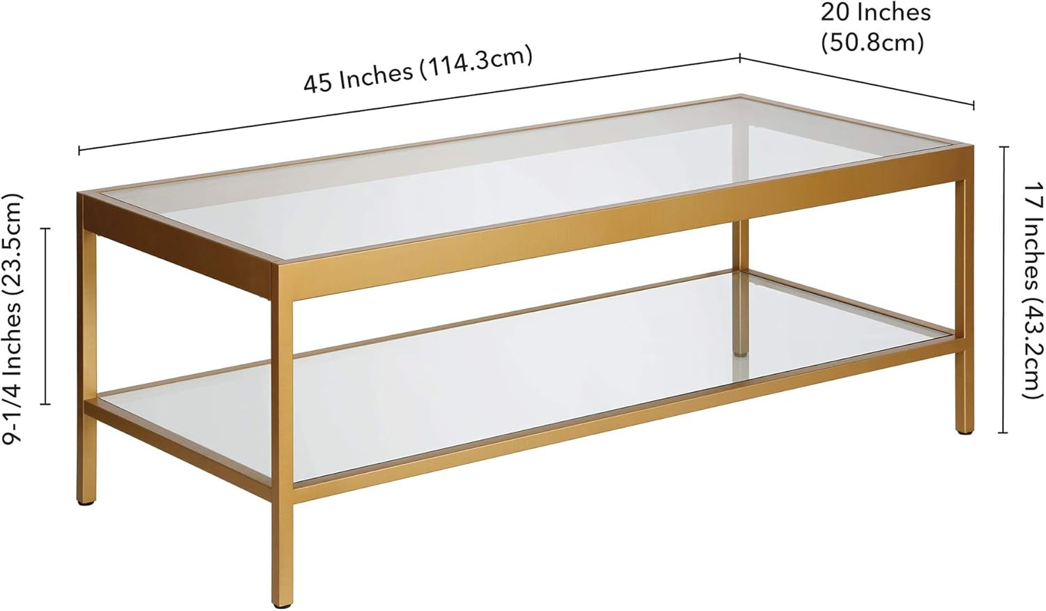 45" Wide Rectangular Rectangular Coffee Table in Brass, Modern Rectangular Coffee Tables for Living Room, Studio Apartment Essentials
