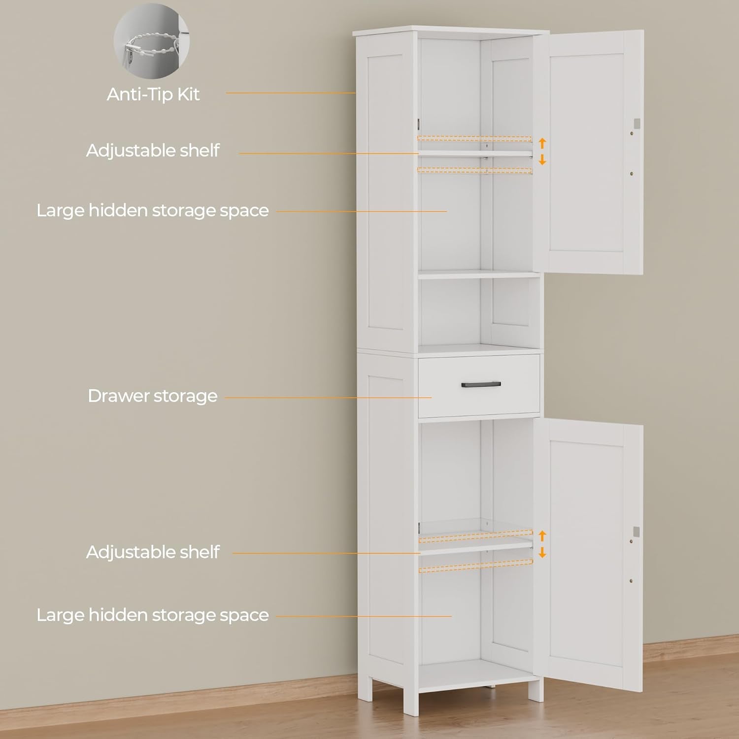 67" H Tall Bathroom Storage Cabinet with 2 Barn Doors and 1 Drawer, Narrow Storage Unit, Adjustable Shelves, Floor Cabinet for Bathroom, Living Room, Entryway, Kitchen, White, (15.7" W)