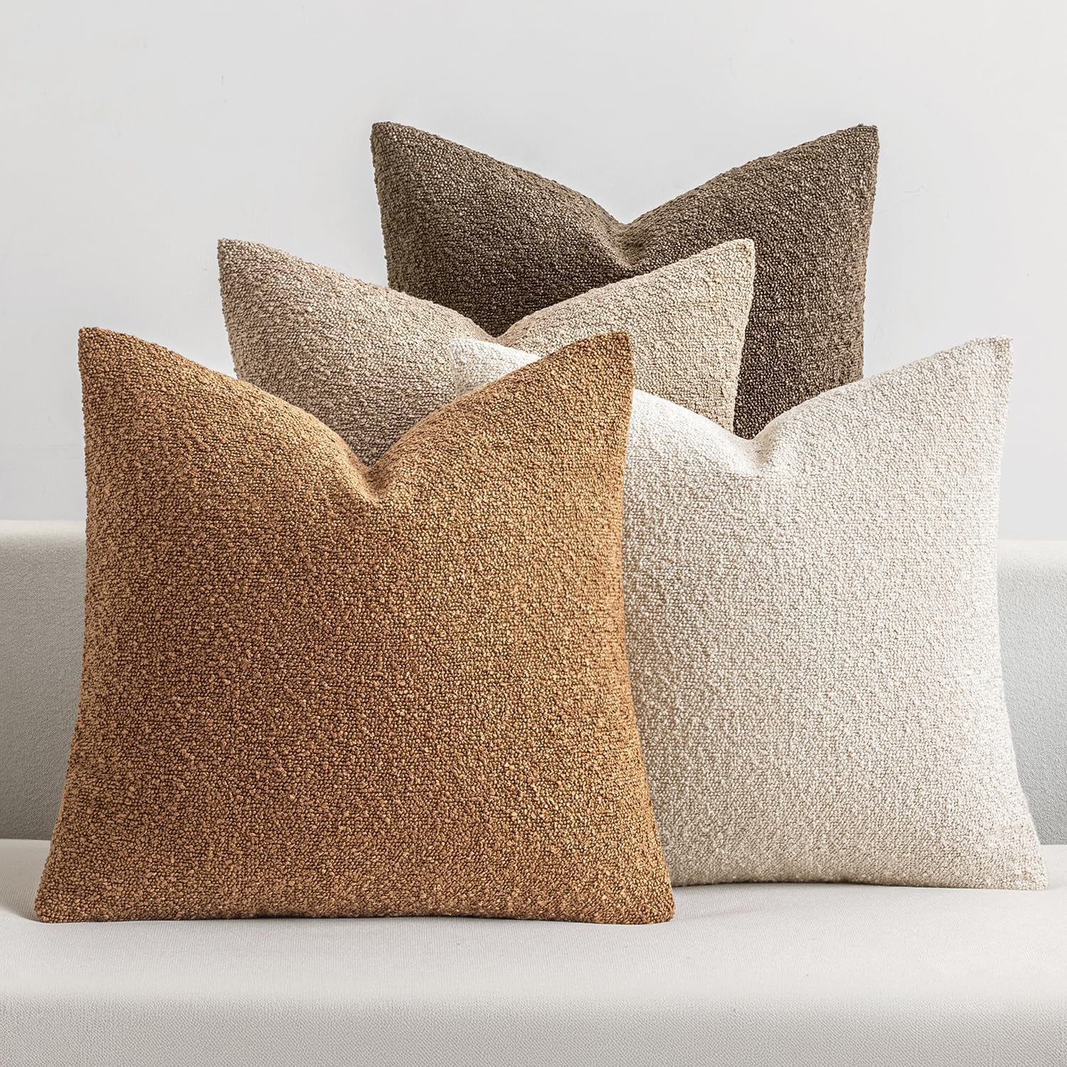 Pack of 4 Decorative Textured Boucle Throw Pillow Covers 18X18 Inch Neutral Brown Accent Solid Pillow Cases Couch Cushion Covers for Fall Modern Farmhouse Boho Chair Sofa Bed Room Home Decor