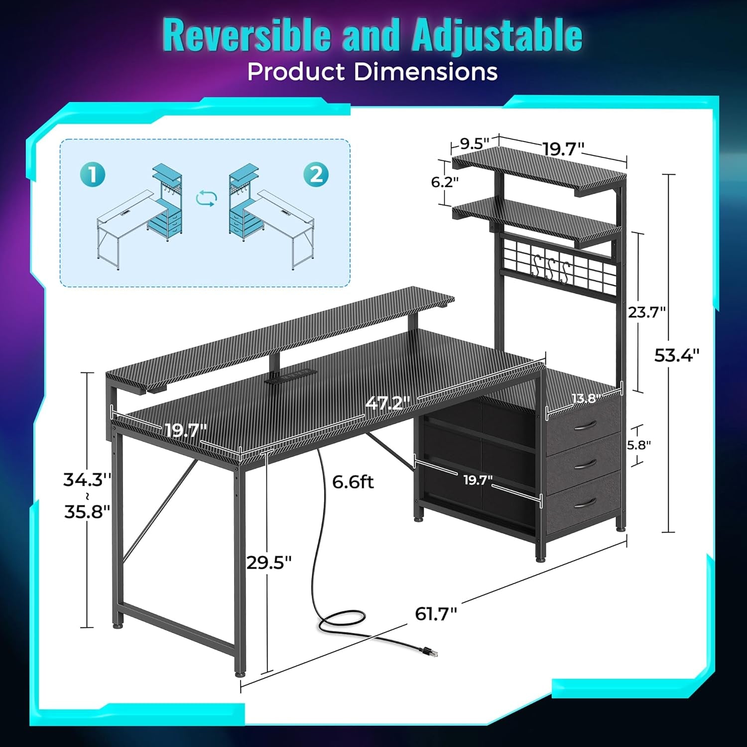61.7" Gaming Desk with LED Lights & Outlets, Computer Desk with 3 Fabric Drawers, PC Desk with PC Case Stand & Movable Storage Shelves, Monitor Stand, Reversible, Carbon Fiber Black