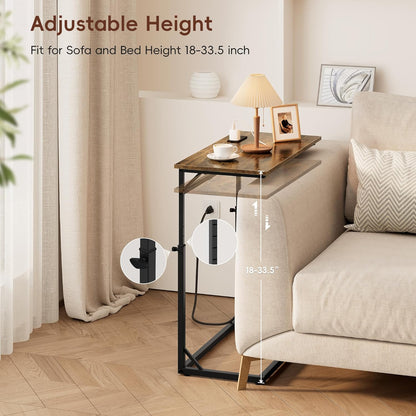 C Shaped End Table, Tall Side Table for Couch, C-Table End Table Adjustable Height Side Tables, Large Surface Sofa Tables TV Tray, Slide under Couch Tables for Sofa, Living Room,Bedroom,Brown