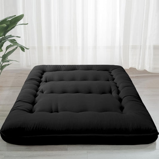 6" Thick Japanese Floor Mattress Futon Mattress, Foldable Tatami Pad for Adults, Roll up Floor Bed for Guest Room Bedroom RV, Black, Queen
