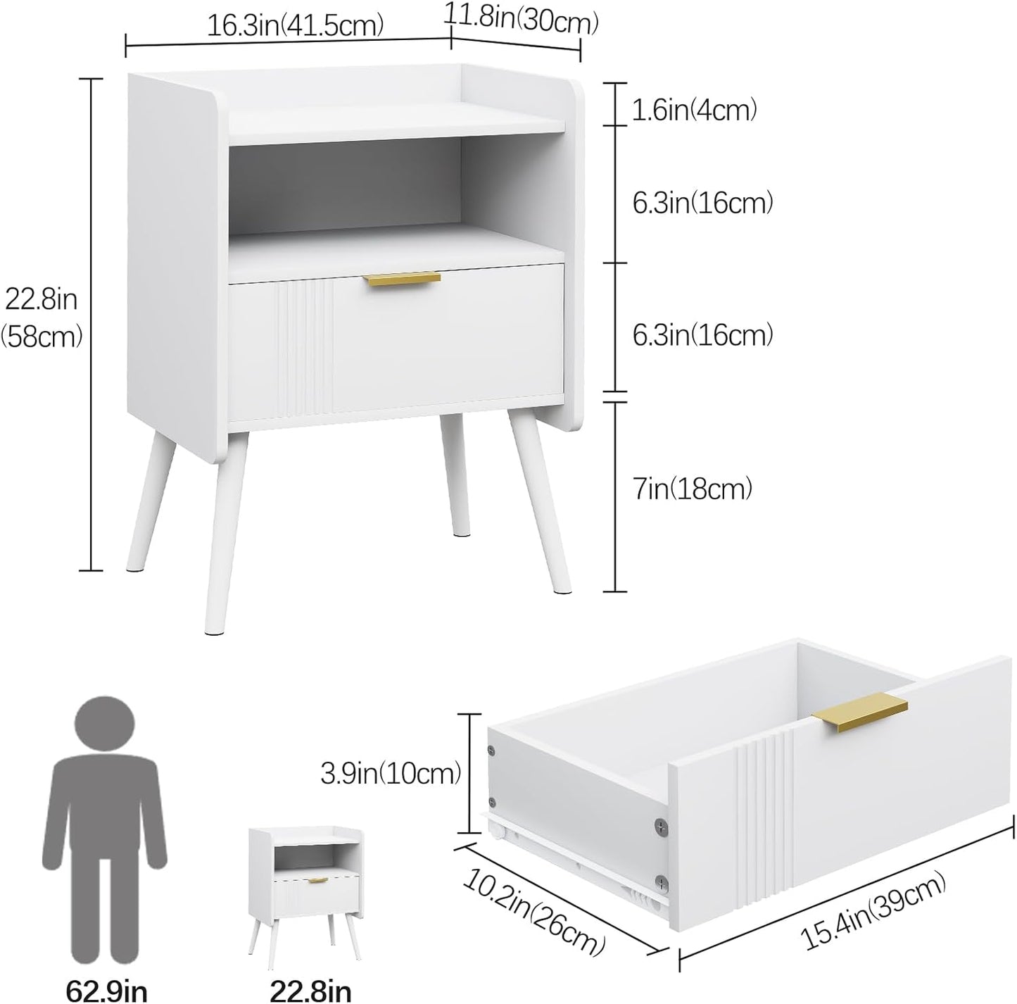 Night Stand Modern End Table with Storage Drawer and Open Shelf, Small Bedside Table, Wooden Sofa Side Stand for Bedroom,Study Room and Small Spaces (White)