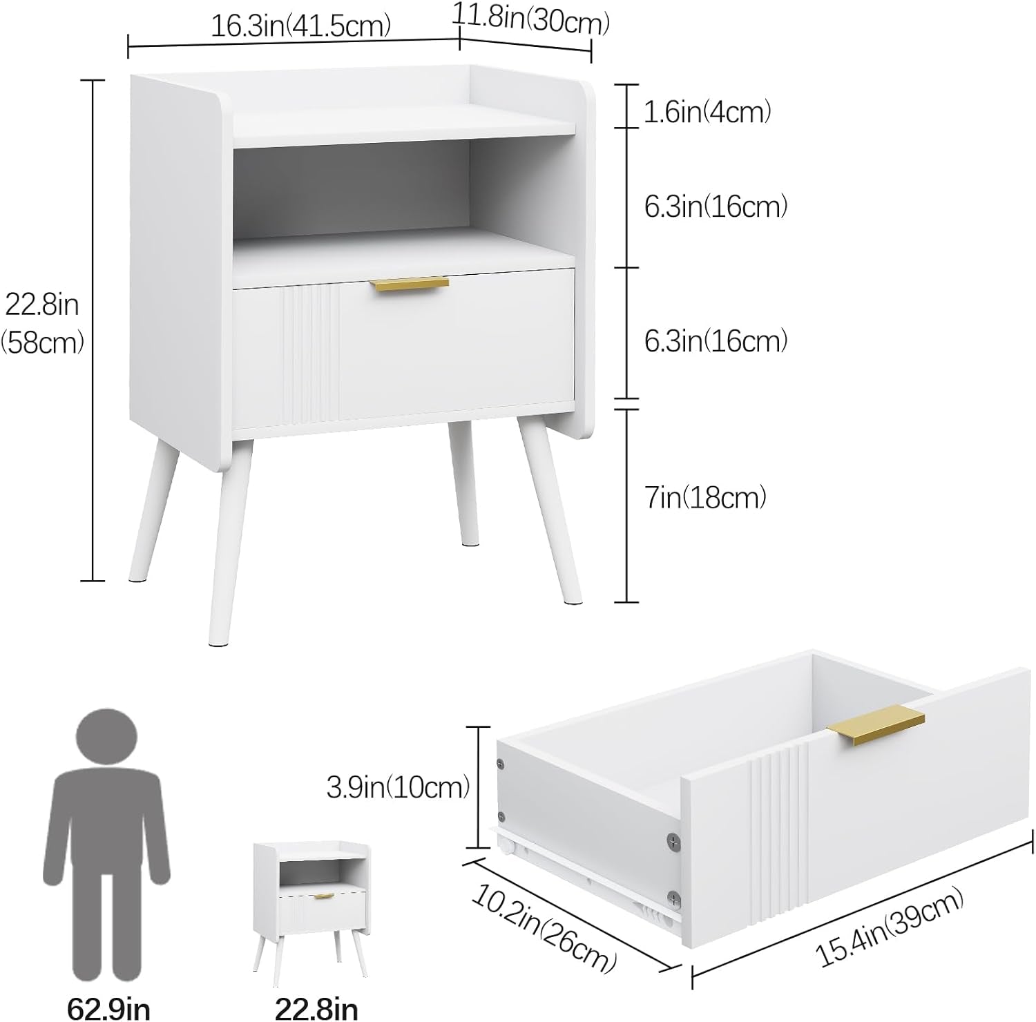 Night Stand Modern End Table with Storage Drawer and Open Shelf, Small Bedside Table, Wooden Sofa Side Stand for Bedroom,Study Room and Small Spaces (White)