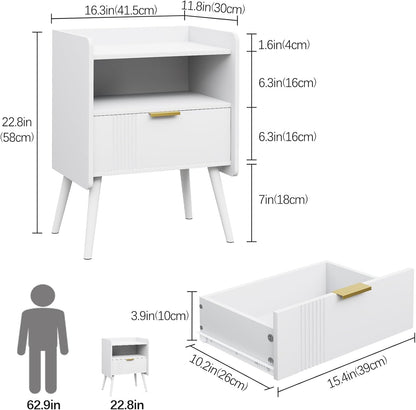 Night Stand Modern End Table with Storage Drawer and Open Shelf, Small Bedside Table, Wooden Sofa Side Stand for Bedroom,Study Room and Small Spaces (White)