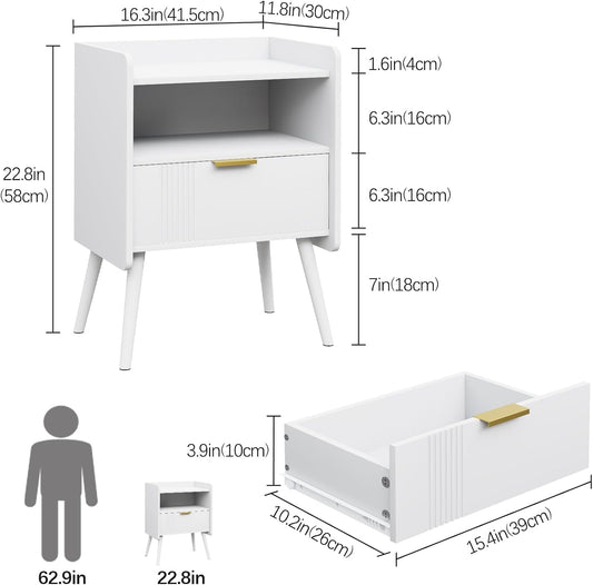 Night Stand Modern End Table with Storage Drawer and Open Shelf, Small Bedside Table, Wooden Sofa Side Stand for Bedroom,Study Room and Small Spaces (White)