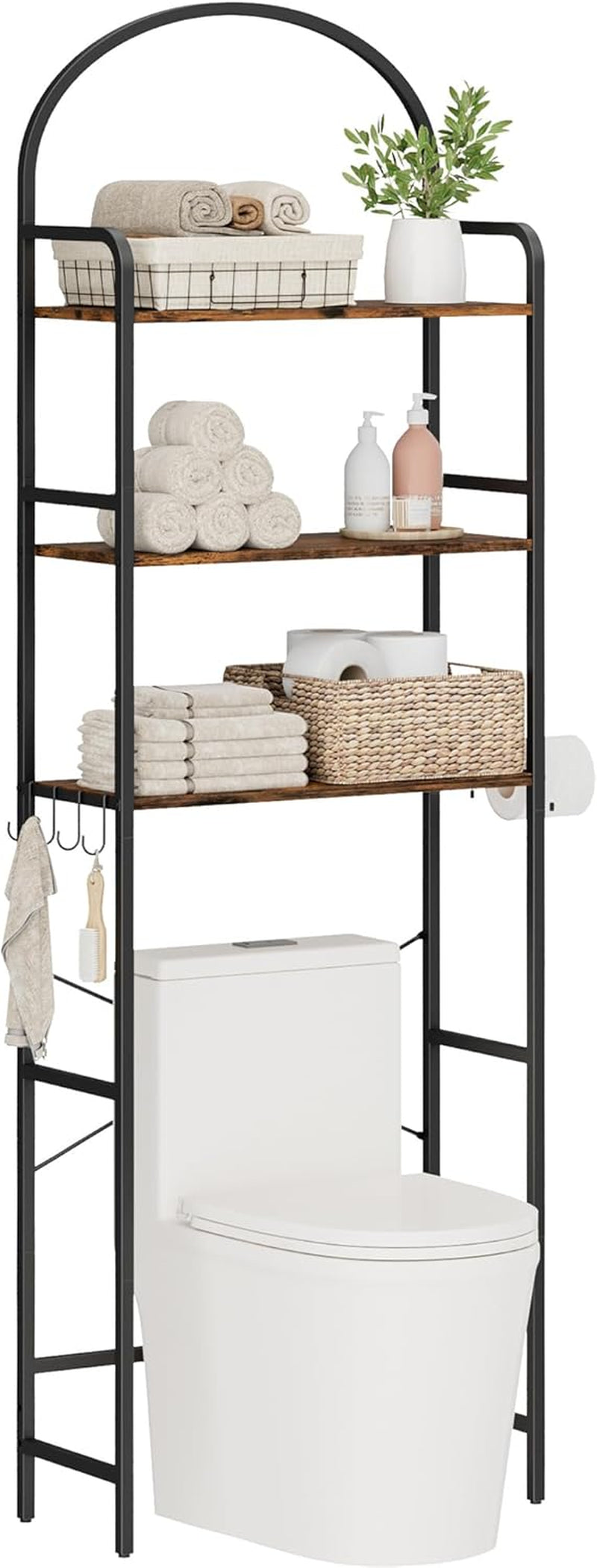 3-Tier over the Toilet Storage with 4 Hooks and Paper Holder, Space Saving, Bathroom Organizer with Adjustable Feet, Metal Frame and Wooden Shelf,Rustic Brown and Black