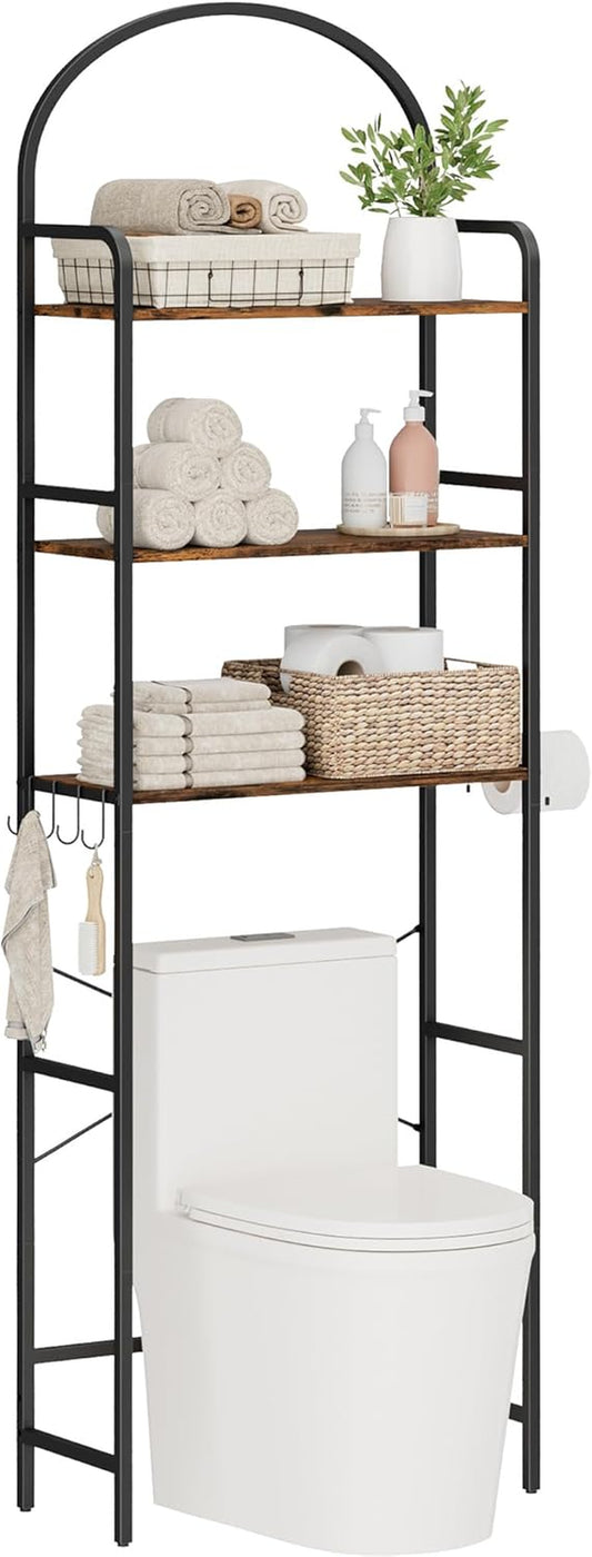 3-Tier over the Toilet Storage with 4 Hooks and Paper Holder, Space Saving, Bathroom Organizer with Adjustable Feet, Metal Frame and Wooden Shelf,Rustic Brown and Black