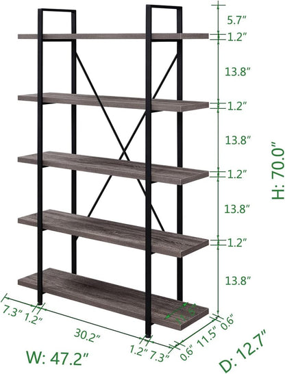 5-Shelf Vintage Industrial Rustic Bookshelf, 5 Tier Wood and Metal Bookcase, Open Etagere Book Shelf, Farmhouse Wooden Bookshelves, Light Grey Oak