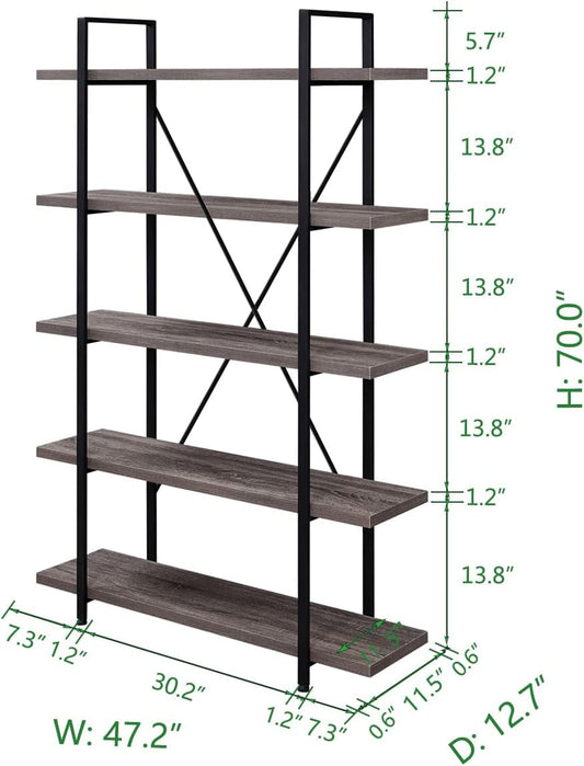 5-Shelf Vintage Industrial Rustic Bookshelf, 5 Tier Wood and Metal Bookcase, Open Etagere Book Shelf, Farmhouse Wooden Bookshelves, Light Grey Oak