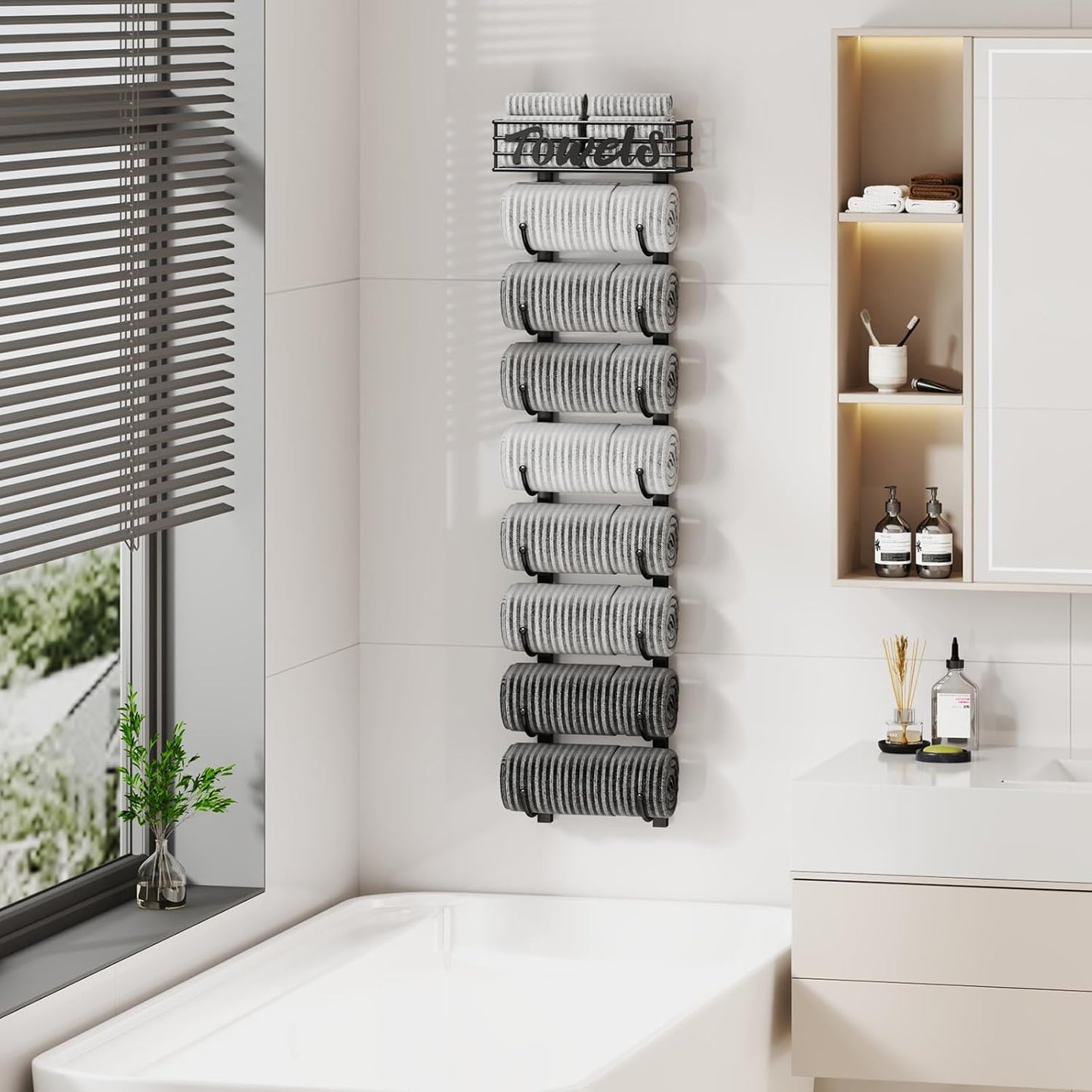 Hanging Towel Racks for Bathroom - 9 Tier over the Door & Wall Mounted Bath Rolled Towel Storage Organizer Holder for Small Bathroom, RV, Camper, Black (Patented)