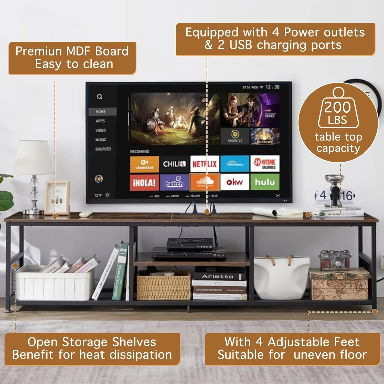 TV Stand with Power Outlets for Televisions up to 80 Inch,70" Media Entertainment Center with Charging Station 3-Tier Open Storage Shelves with Metal Frame for Living Room/Bedroom，Brown
