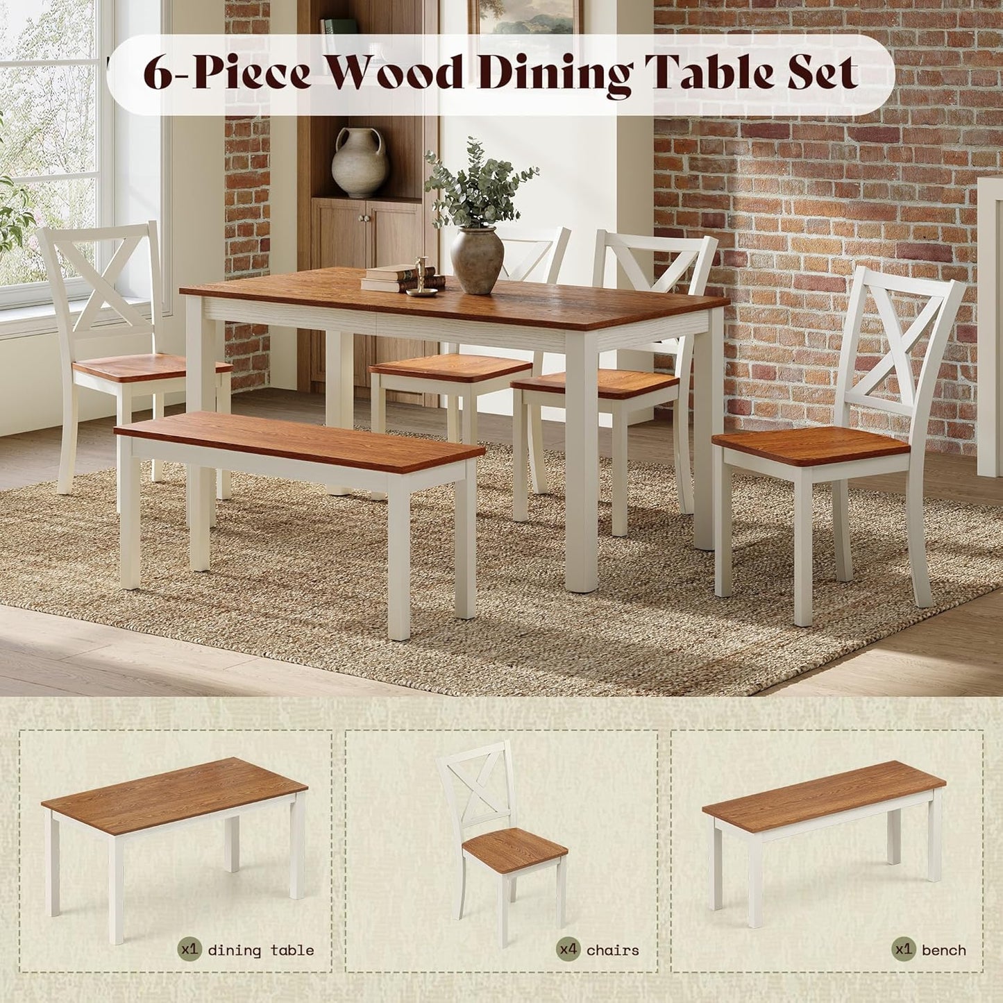 6-Piece Farmhouse Dining Table Set, 59" Wooden Table with 4 Chairs & Bench, Kitchen & Dining Room Set for 6, Space-Saving Rustic Dining Set, Walnut & Beige