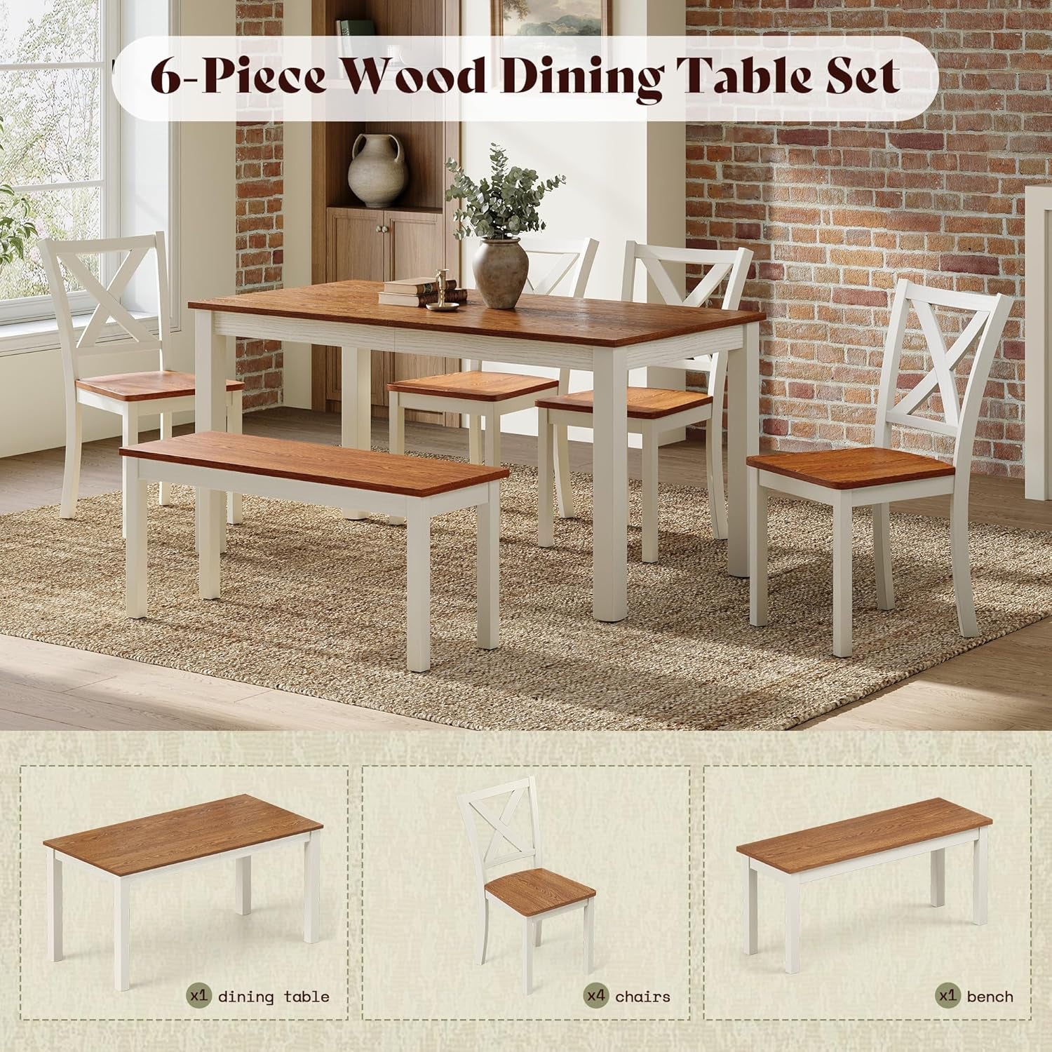 6-Piece Farmhouse Dining Table Set, 59" Wooden Table with 4 Chairs & Bench, Kitchen & Dining Room Set for 6, Space-Saving Rustic Dining Set, Walnut & Beige
