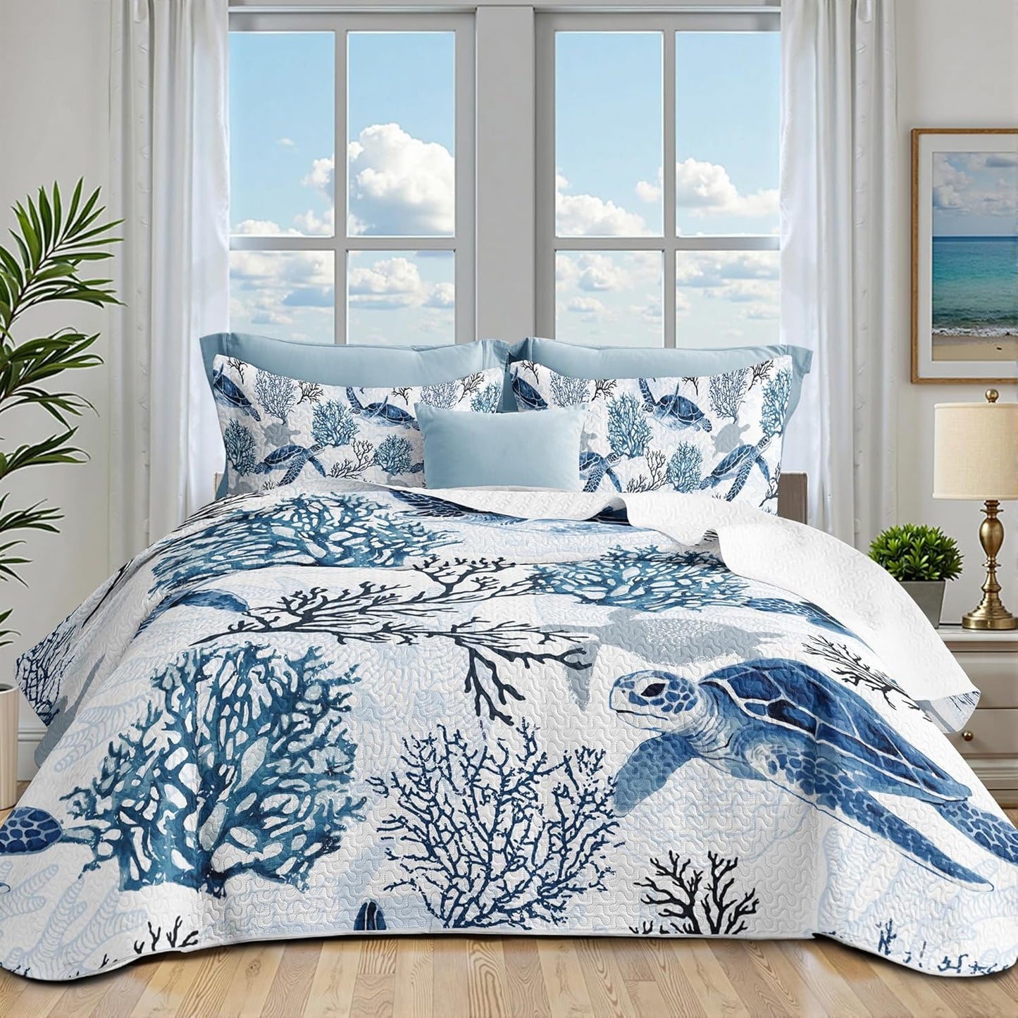 Coastal Bedding King Size Coastal Quilt with 2 Shams, Nautical Beach Comforter Sets Ocean Bedspreads Blue Seaturtle Coverlet Summer Bedding, 96''X106''